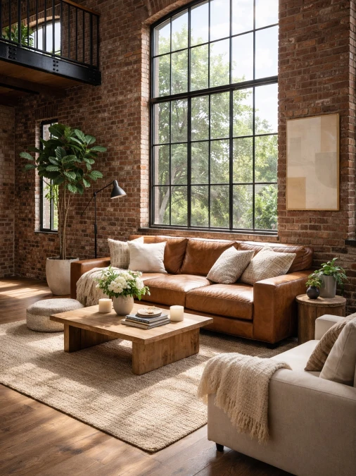 Sunlit Brick Loft Living Room With Cognac Sofa And Jute Rug