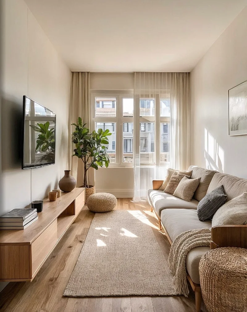 Sunlit Narrow Living Room with Low Wood Console and Woven Stools