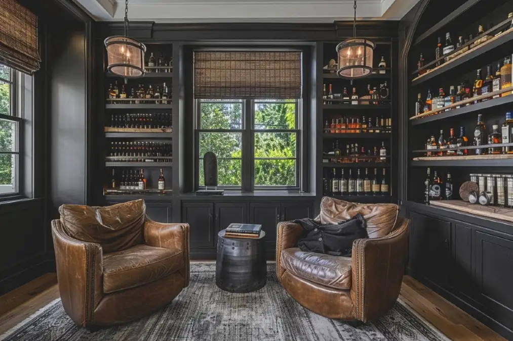Sunlit Whiskey Library with Built In Bottle Shelves