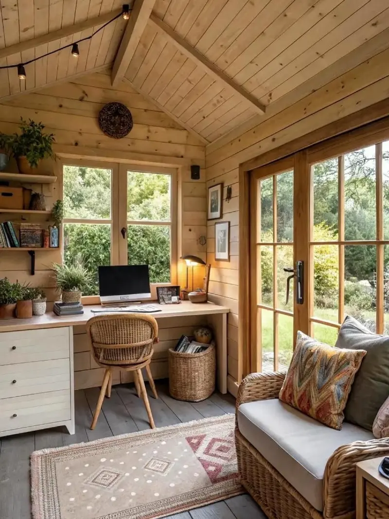 Sunlit Wood Workspace with Built-in Desk and Woven Elements