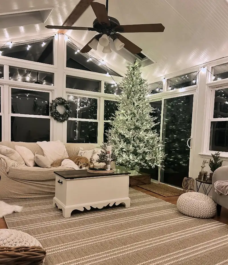 Sunroom Living Space with Flocked Tree, Textured Rug, and White Storage Chest