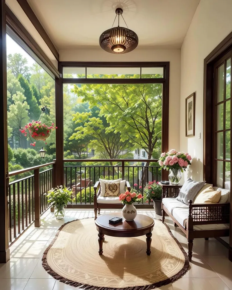 Sunroom-Style Balcony with Garden Views and Classic Wood Seating