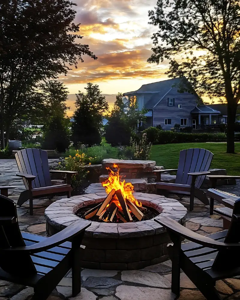 Sunset Stone Fire Pit with Adirondack Chairs and Layered Patio Walls