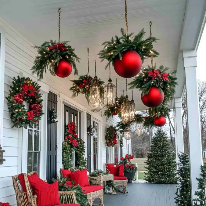 Suspended Ornaments and Glowing Porch Lanterns