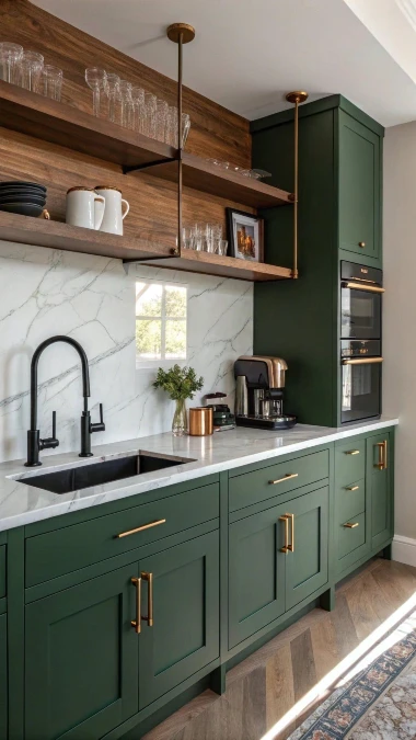 Suspended Wood Shelving Over Olive Green Cabinets