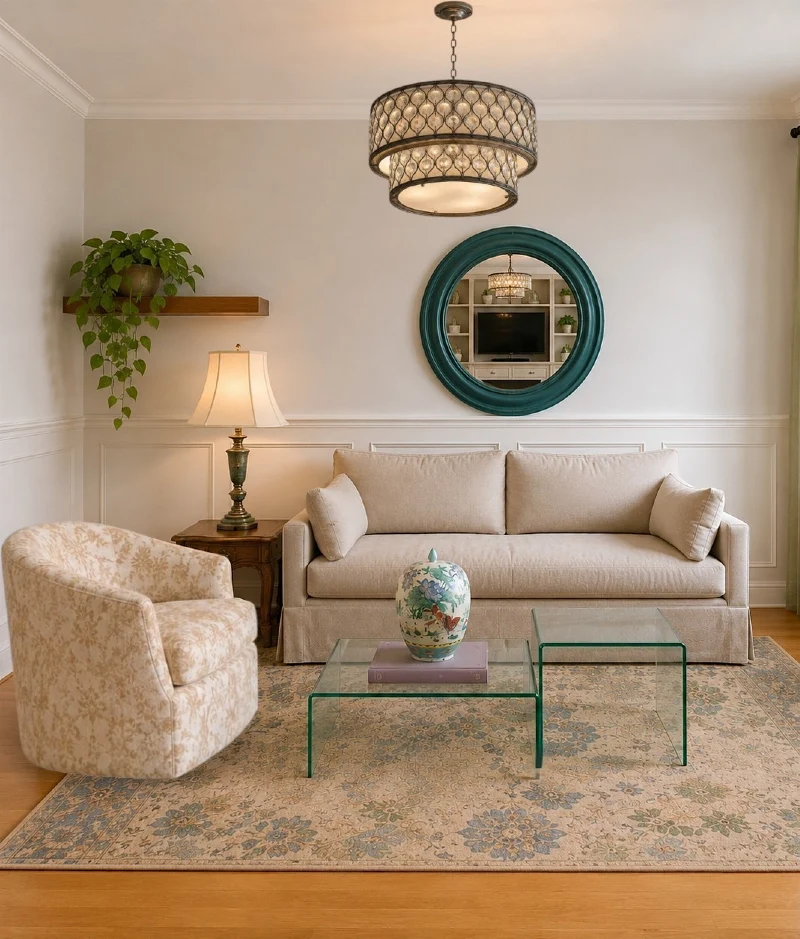 Swivel Armchair beside Glass Waterfall Tables and Soft Neutral Sofa