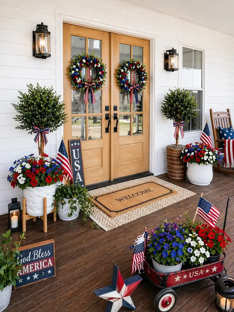 Symmetrical Light Wood Double Doors with Berry Wreaths and Decorative Wagon