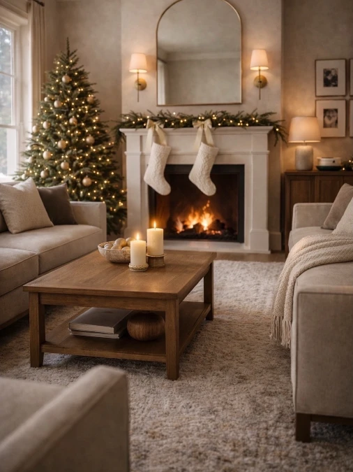 Symmetrical Mantel and Warm Ambient Lighting
