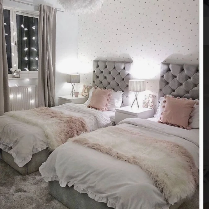 Symmetrical Twin Bedroom With Grey Tufted Accents