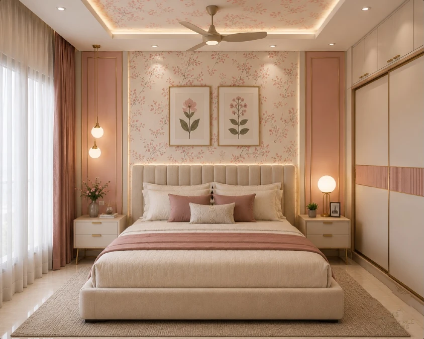 Symmetrical Wall Panels and Botanical Wallpaper