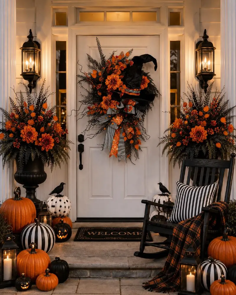 Symmetry Front Porch Display with Floral Witch Wreath and Striped Accents
