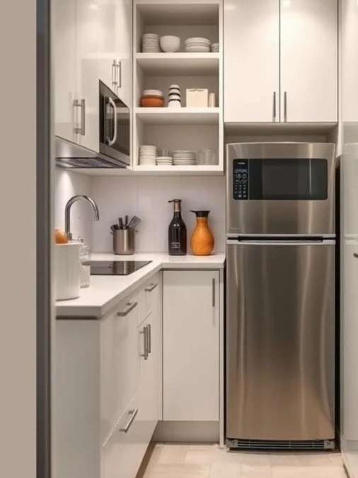 Tall Open Shelf Tower Between Fridge and Cabinets Holds Dishes and Decor