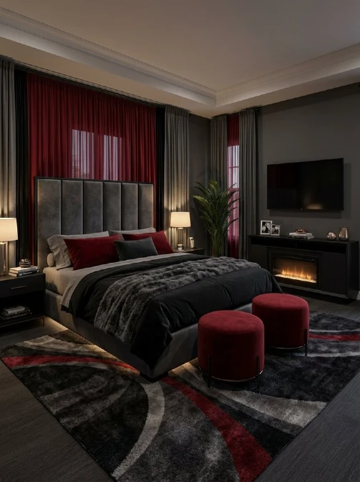 Tall Velvet Headboard With Crimson Accents