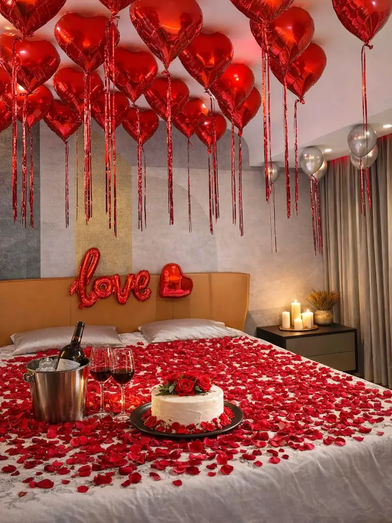 Tan Leather Headboard with Crimson Foil Heart Balloons and Rose Petal Bed Covering