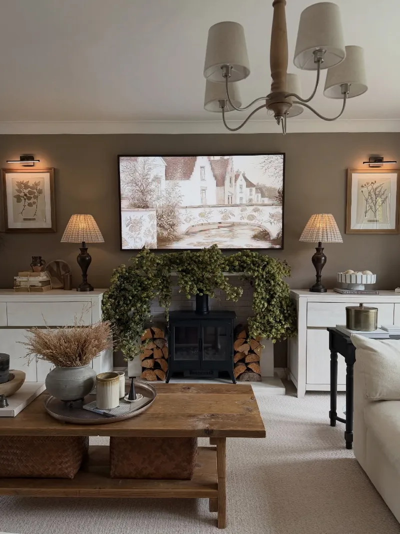 Taupe Fireplace Nook with Dried Hop Garland and Frame TV