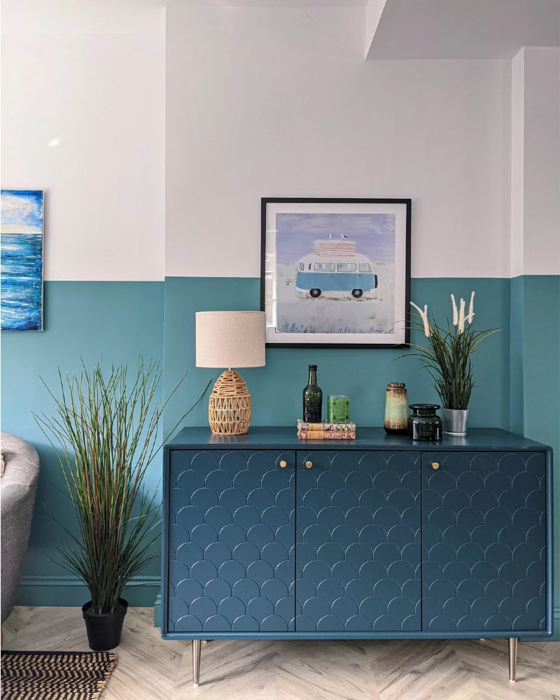 Teal Coastal Half-Painted Wall with Scalloped Blue Sideboard and Woven Rattan Lamp
