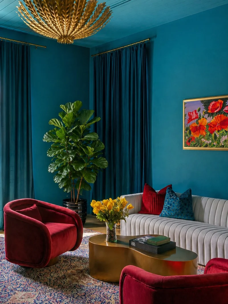 Teal Color Drenched Walls with Ruby Velvet Lounge Chairs