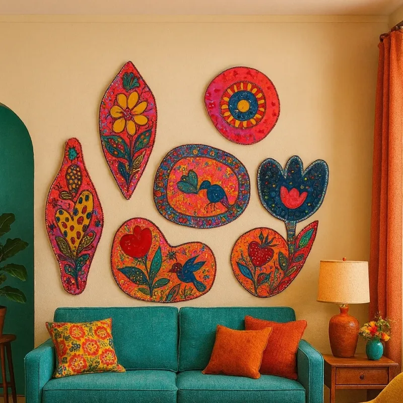 Teal Sofa Setup with Shaped Folk Art Panels and Warm Terracotta Side Table Accent