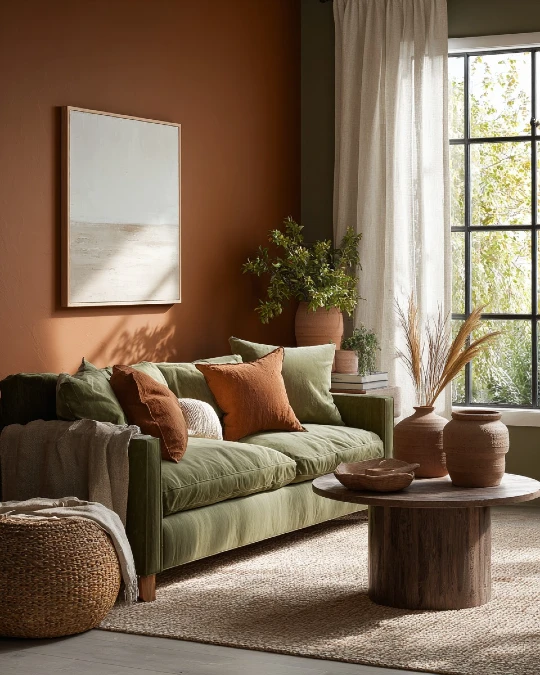Terracotta Walls With Plush Green Velvet Sofa