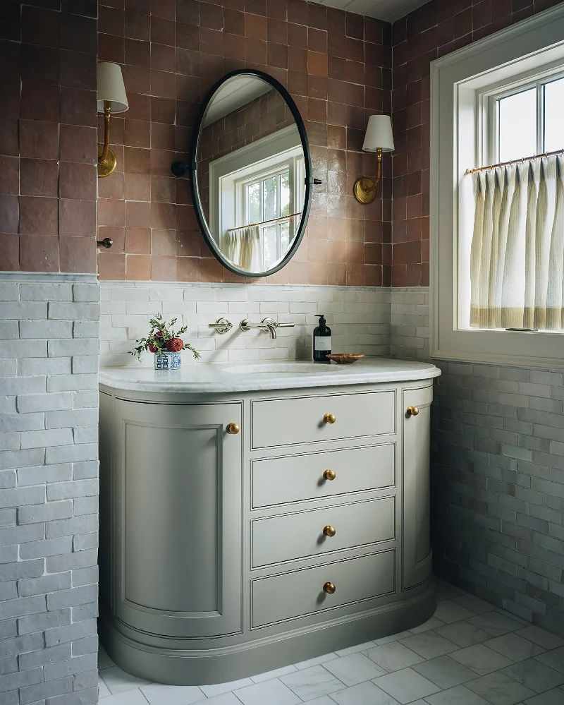 Terracotta Zellige Squares and White Brick Tile Bathroom with Curved Sage Vanity