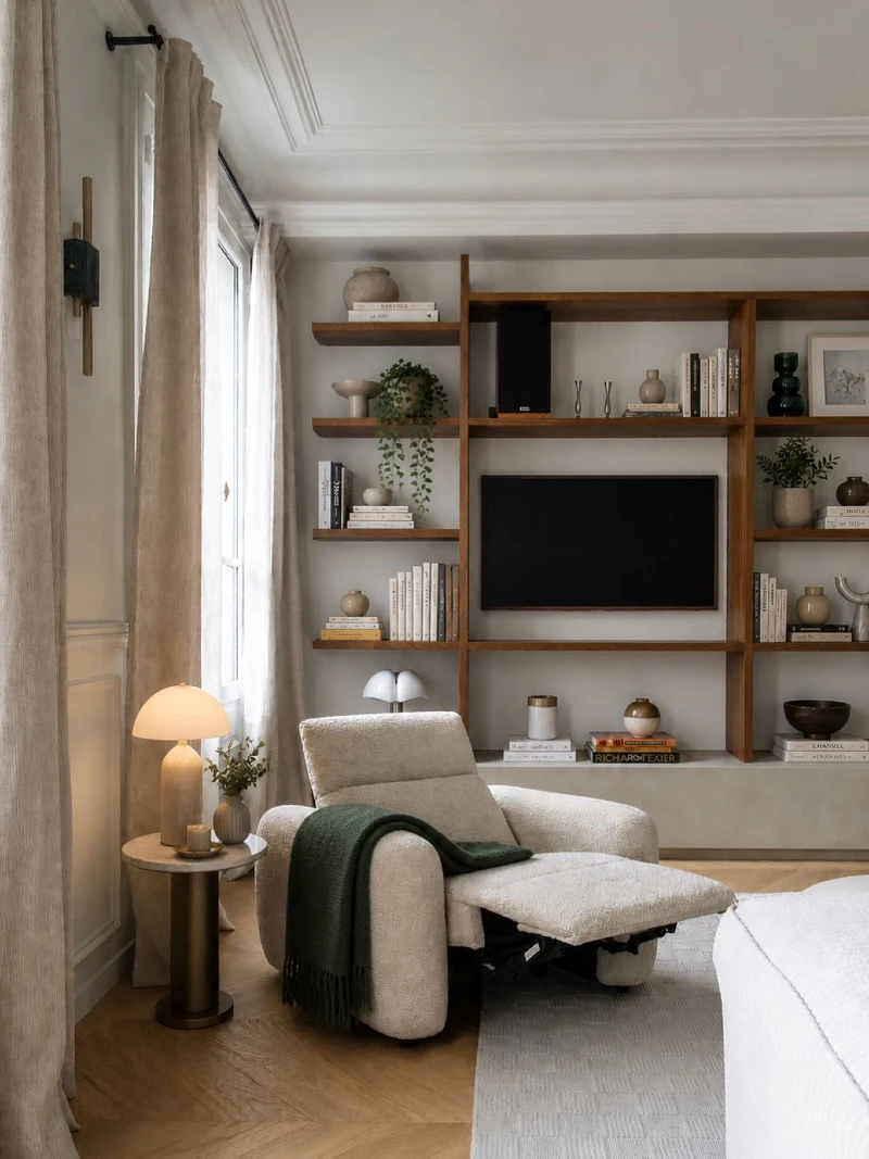 Textured Cream Recliner beside Built-In Walnut Shelving and Brass Sconce Light