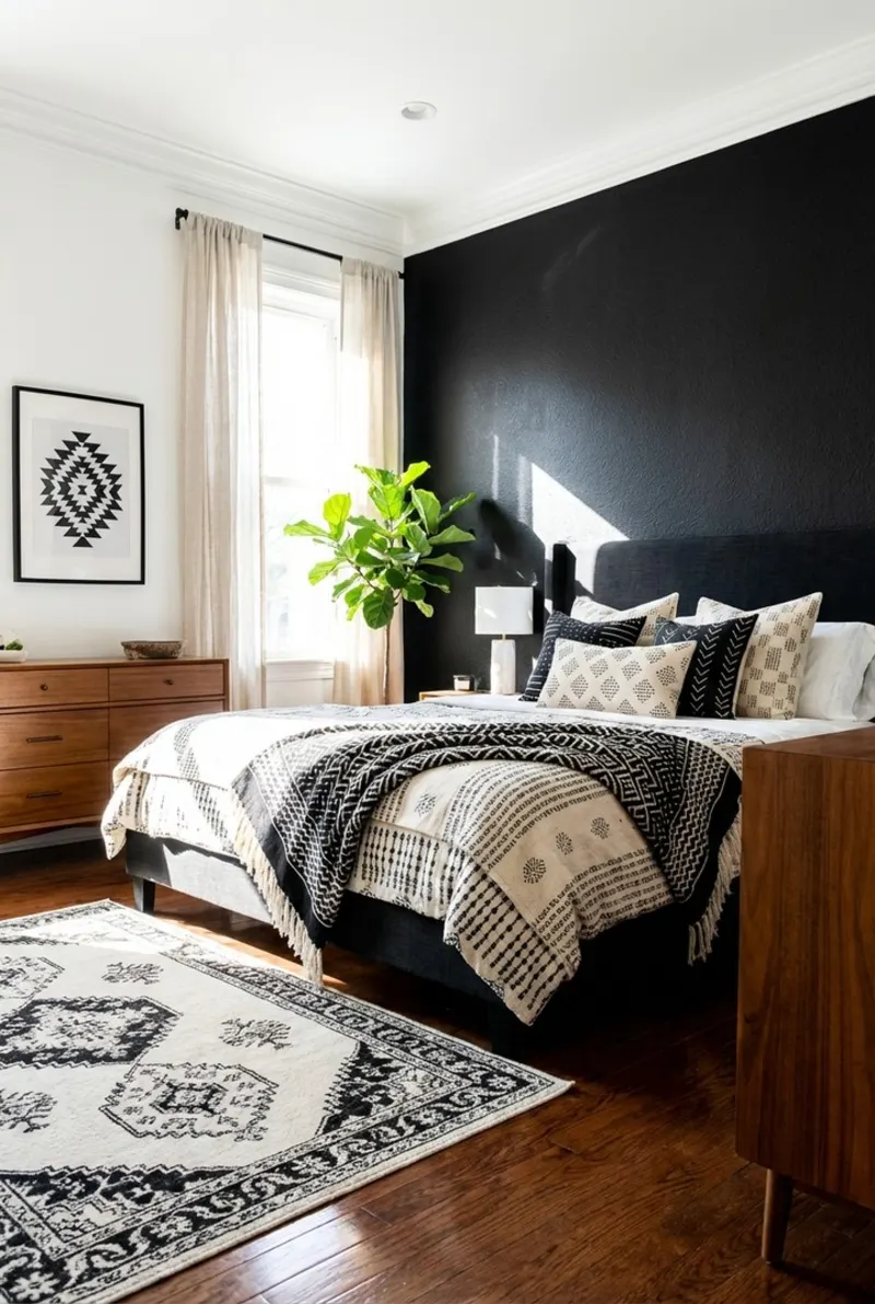 Textured Onyx Bedroom Feature Wall with Mid-Century Dressers and Geometric Linens