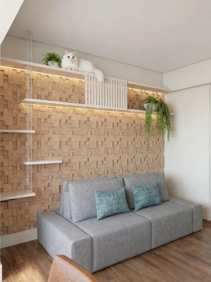 Textured Wood Accent Wall with Integrated Cat Ledge and LED Lighting