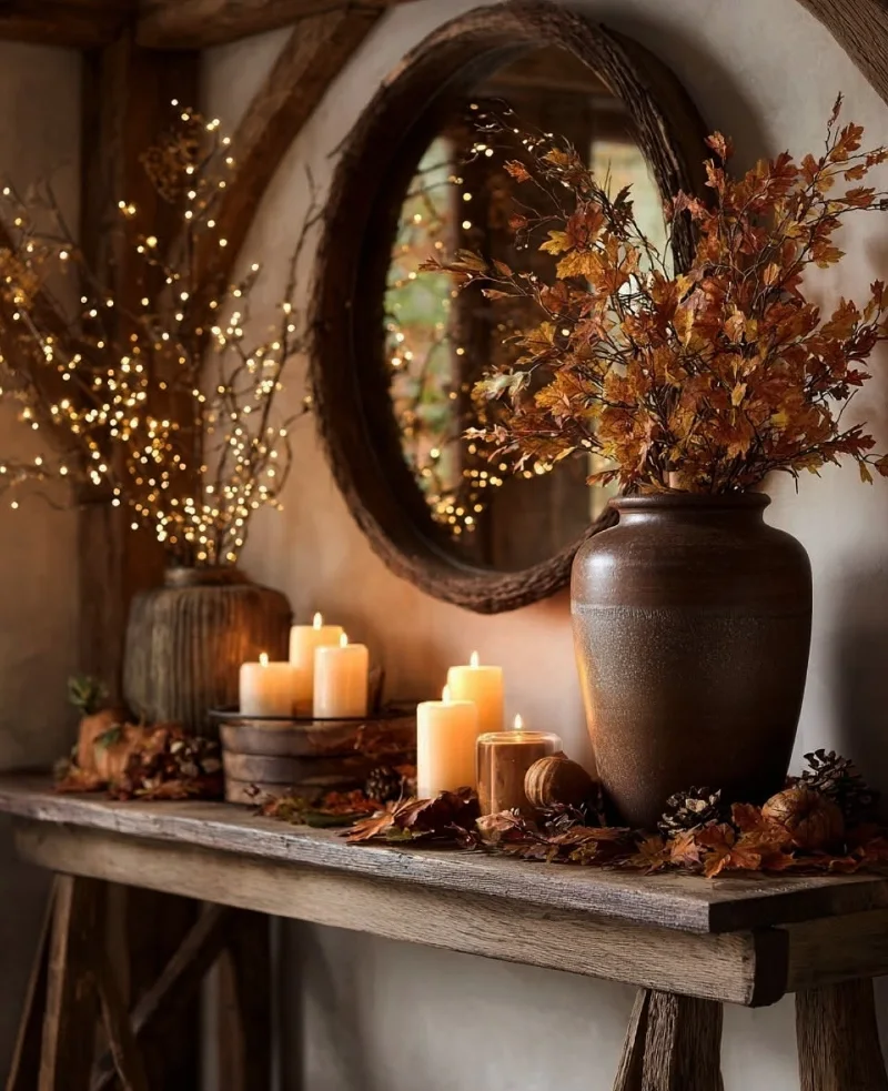 Thick Pillar Candles with Amber Vases, Fall Foliage, and Twinkle Branches