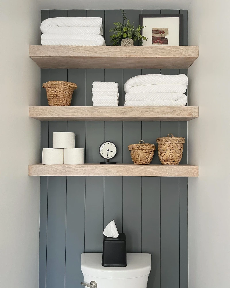 Thick Wood Shelving on Dark Gray Vertical Shiplap