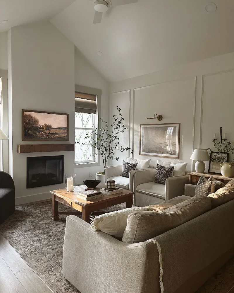 Thick Wooden Mantel with Frame Television and Brass Picture Light over Wall Molding