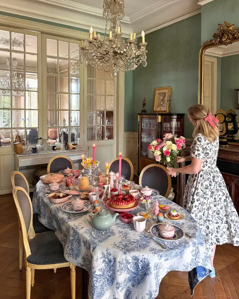 Toile Tablecloth with Pastel Ceramics and Berry Tart Centerpiece