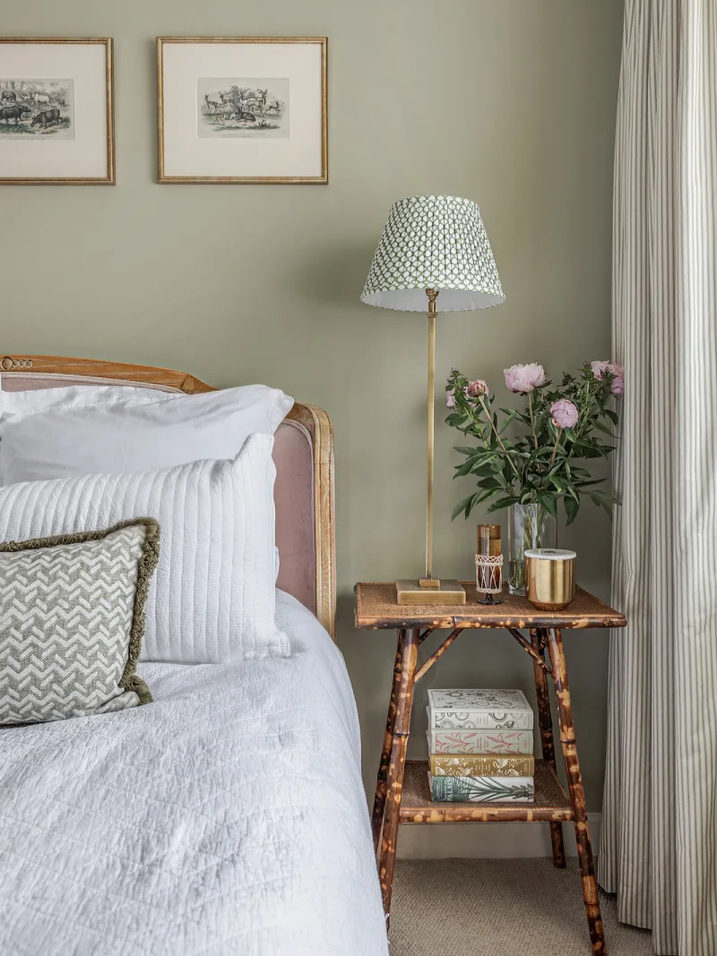 Tortoiseshell Bamboo Nightstand with Green Patterned Shade and Sage Walls