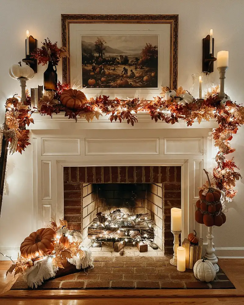 Traditional White Fireplace with Autumn Leaves, Pumpkins, and Warm Fairy Lights