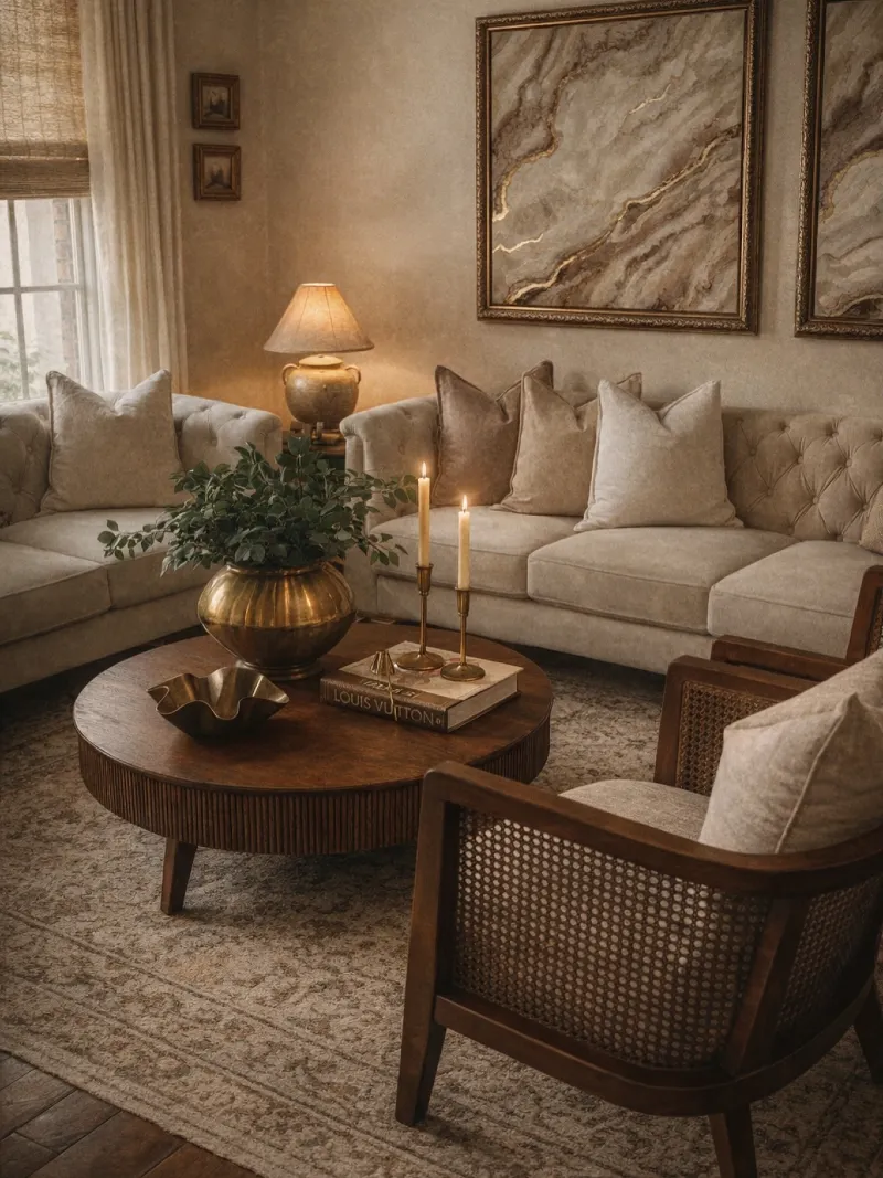 Tufted Beige Sectional with Fluted Wood Coffee Table and Cane Armchairs