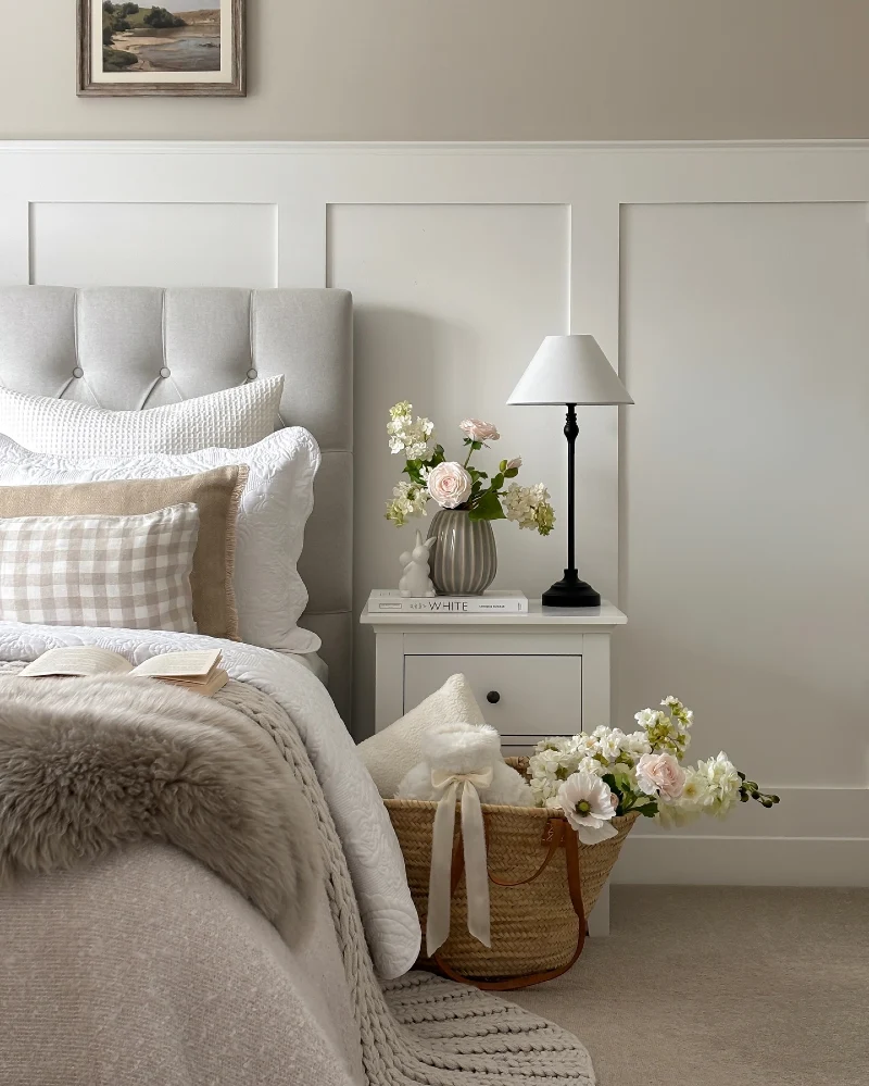 Tufted Headboard with Woven Basket and Fresh Florals