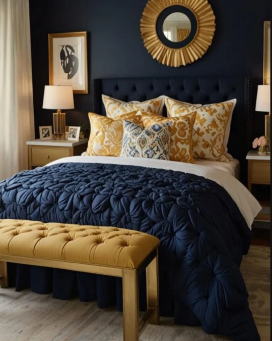 Tufted Navy Fabrics And Golden Yellow Accents