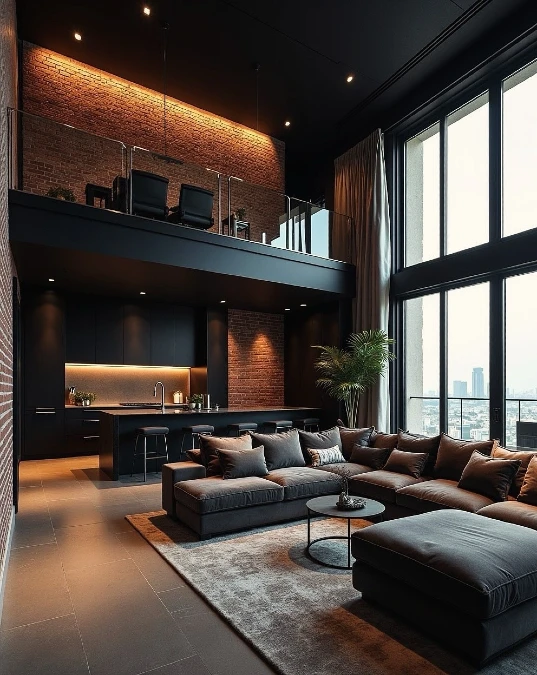 Two Story Loft Living Room With Black Ceiling And Brick Mezzanine
