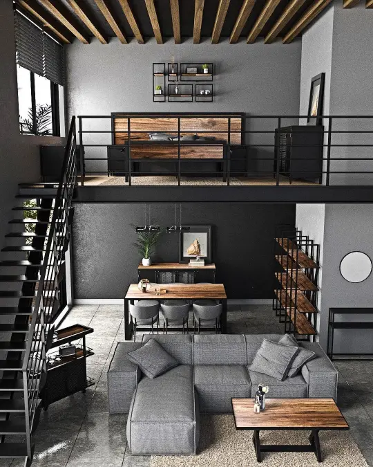 Two Story Loft With Wood Beamed Ceiling And Open Bedroom Balcony