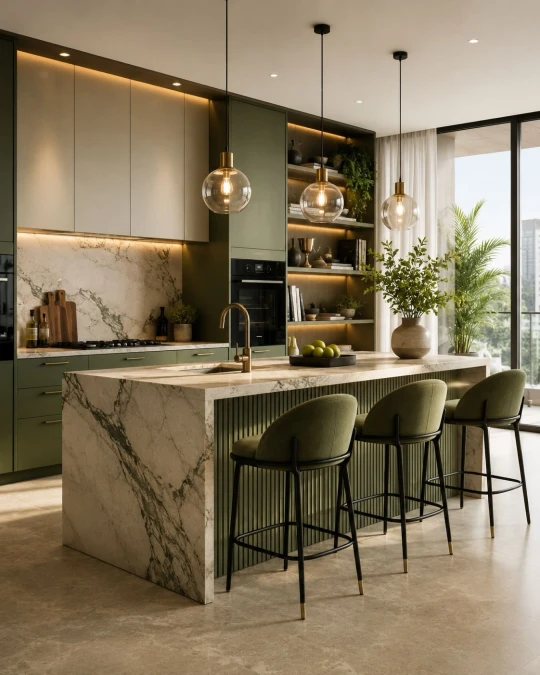 Two Tone Cabinets and Fluted Island Details