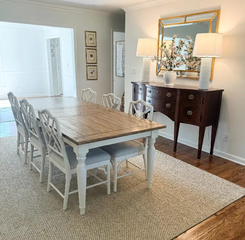 Two-Tone Wooden Dining Table with Faux-Chippendale Chairs and Mahogany Sideboard