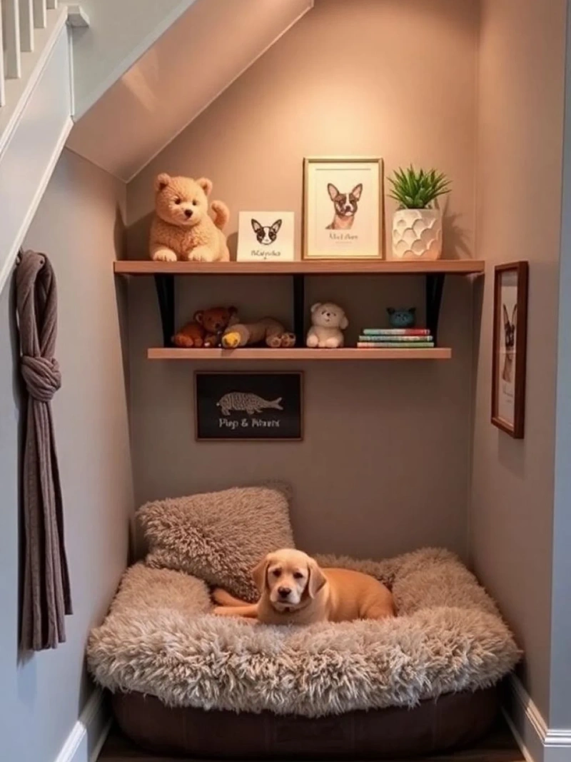 Under-Stair Nook with Floating Wood Shelves and Plush Bedding