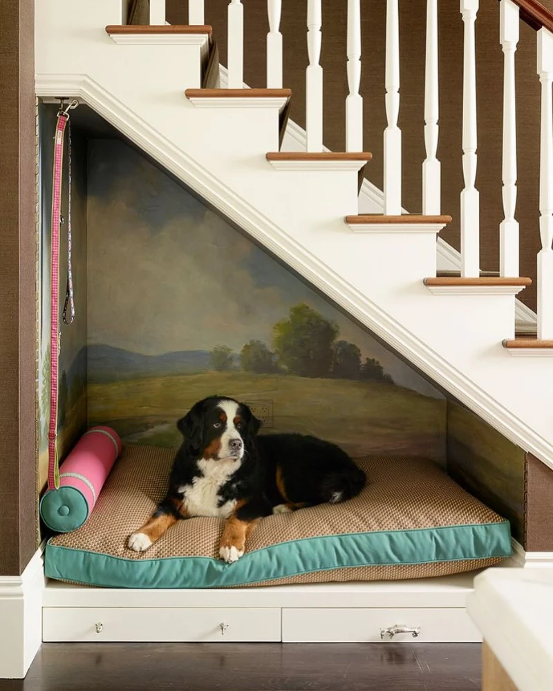 Under-Stair Pet Nook with Landscape Mural and Custom Cushion