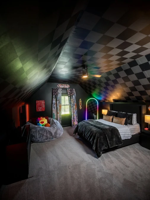 Urban Gamer Cave with Bold Checkered Ceilings