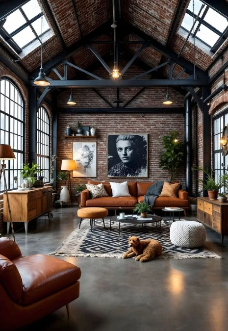 Vaulted Brick Living Room With Skylight Roof And Gallery Wall