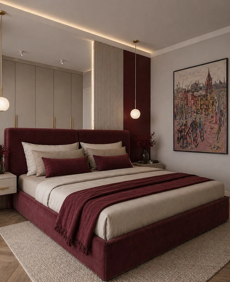 Velvet Burgundy Platform Bed with Vertical Slatted Accent