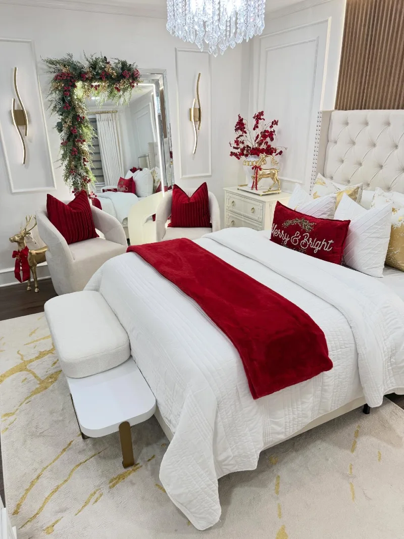 Velvet Crimson Bed Runner with Tufted Headboard, Lit Garland Mirror, and Gold Reindeer
