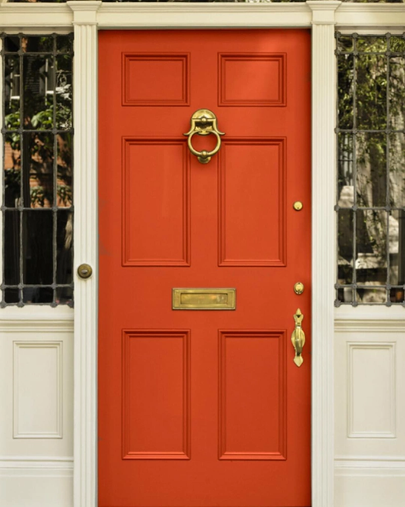 Vermilion Red Front Door with Leaded Glass Sidelights and Brass Hardware