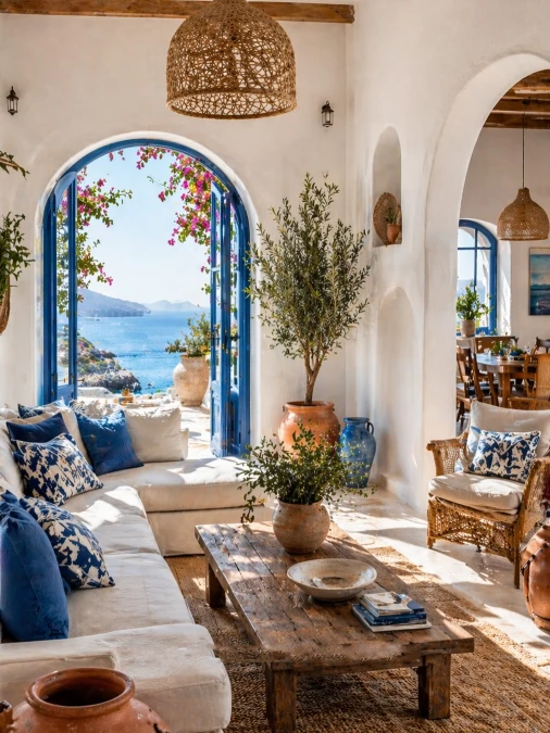 Vibrant Blue Archways and Earthy Living Textures