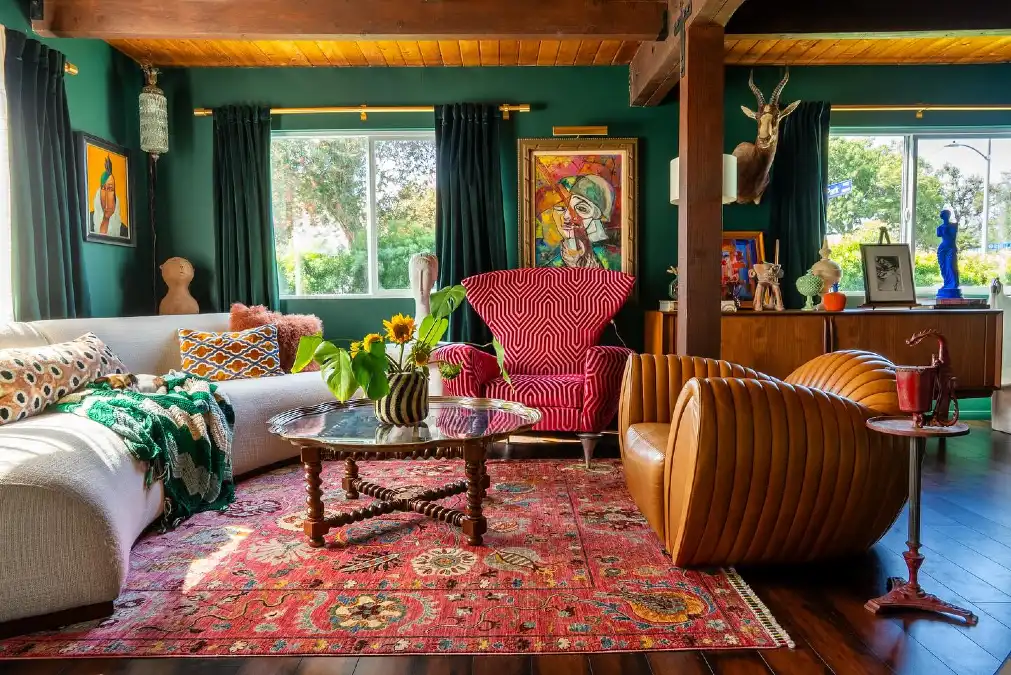 Vibrant Geometrics and Rustic Wood Beams
