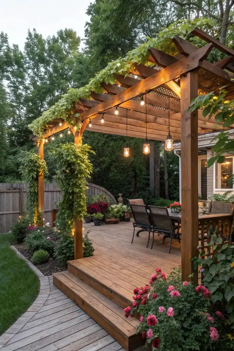 Vine-Covered Cedar Pergola with Hanging Lanterns Over a Backyard Dining Deck